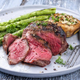 Steak on plate with grilled asparagus